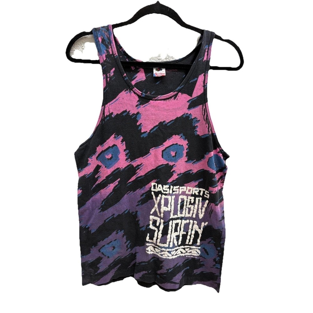Vintage neon 80's beach Surf Shirt tank top OasiSports Single Stitch M "Tie Dye"